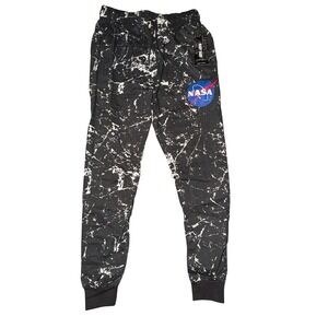 Navy Yard NASA Mens Small Black Marble Print Fleece Joggers Sweatpants NWT